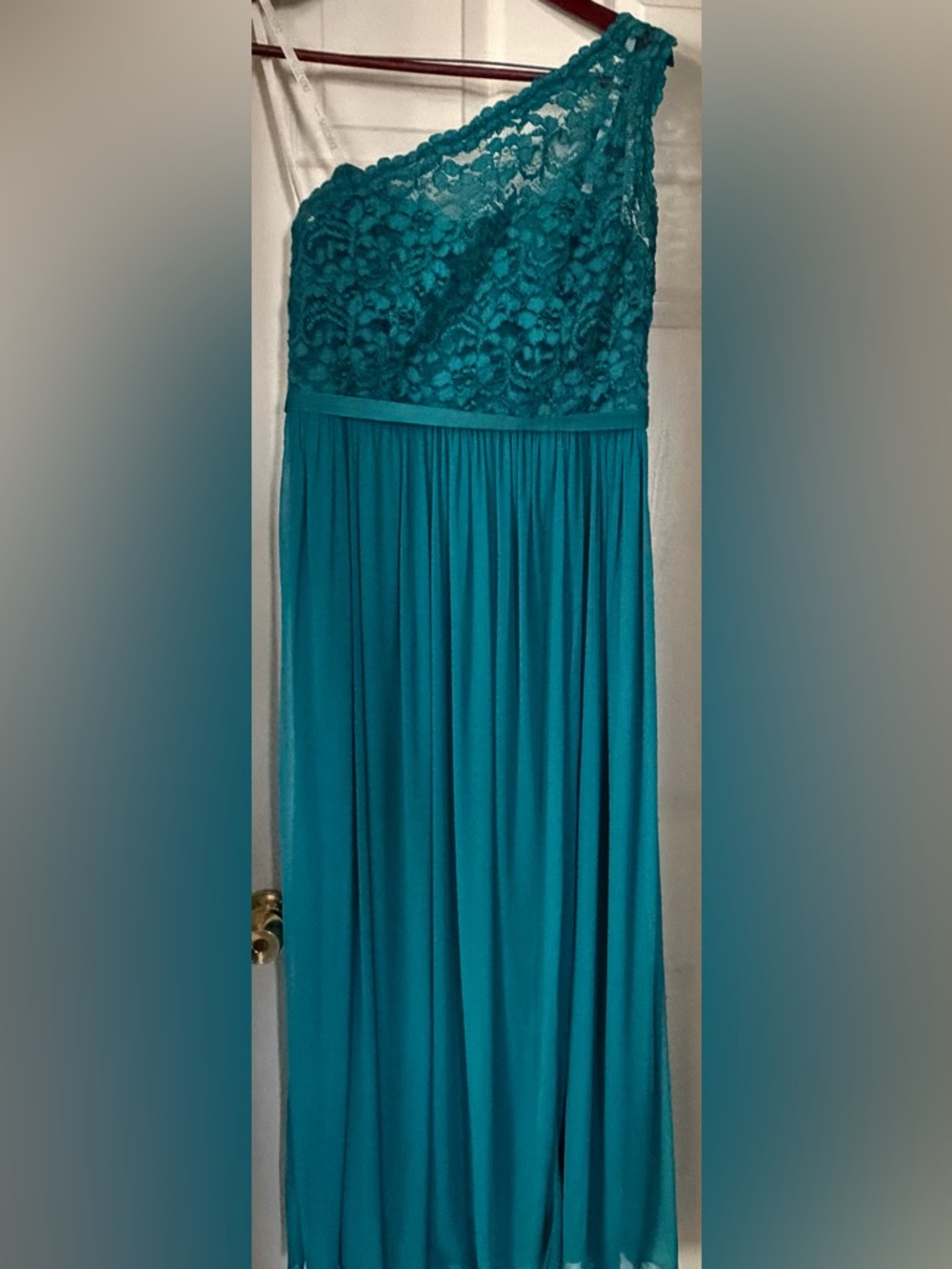 David's Bridal Teal One-Shoulder Lace Bodice Maxi Dress with Leg Slit